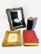 Hallmarked silver frame bevelled edge mirror; a miniature; a Victorian photo album; and 2 books