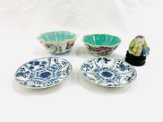 Two 19th Century Oriental bowls; together with two blue and white small dishes and a figurine