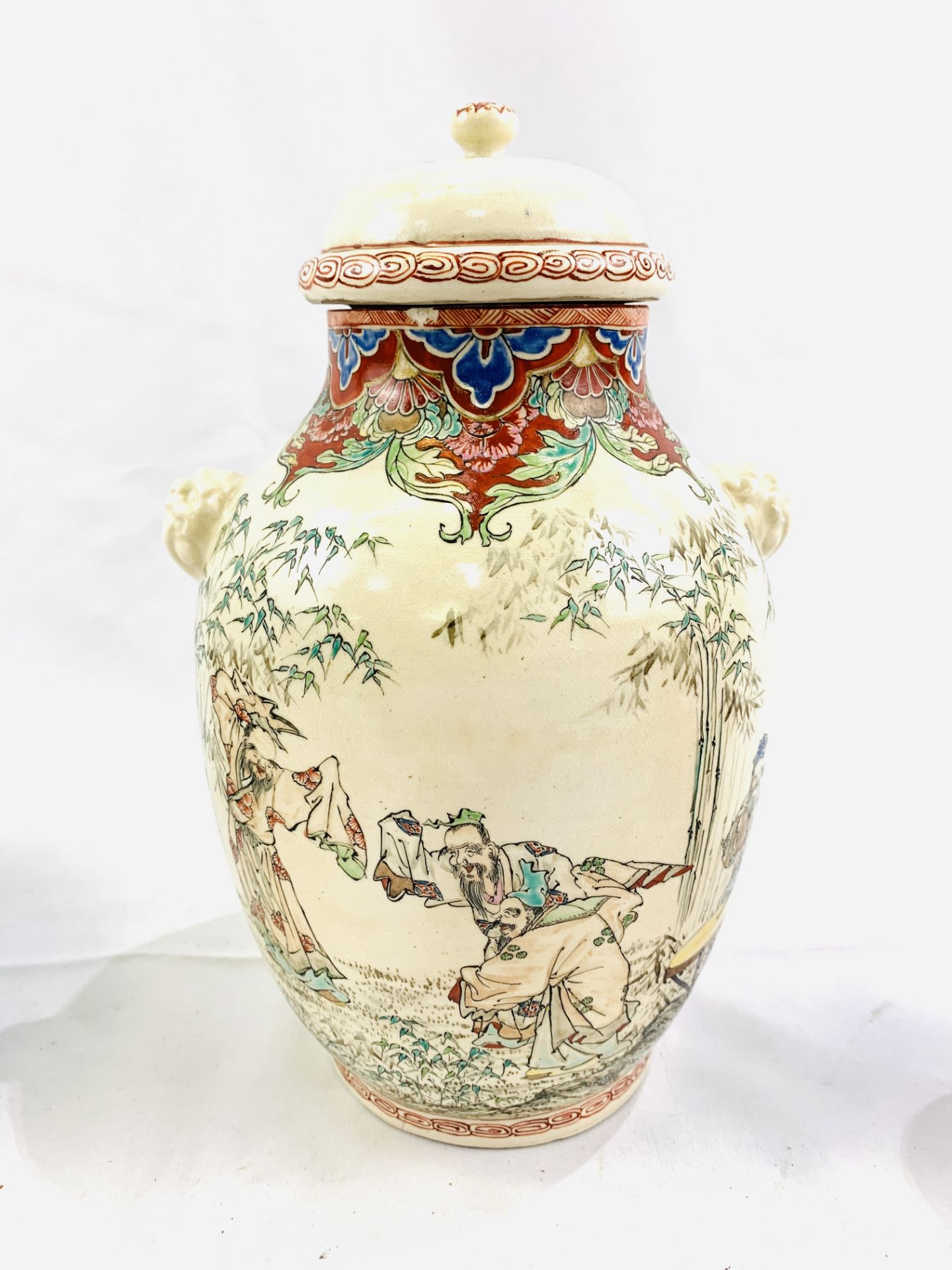 Chinese jar together with a cream glazed lidded jar and two Kutani vases signed to base - Image 5 of 8