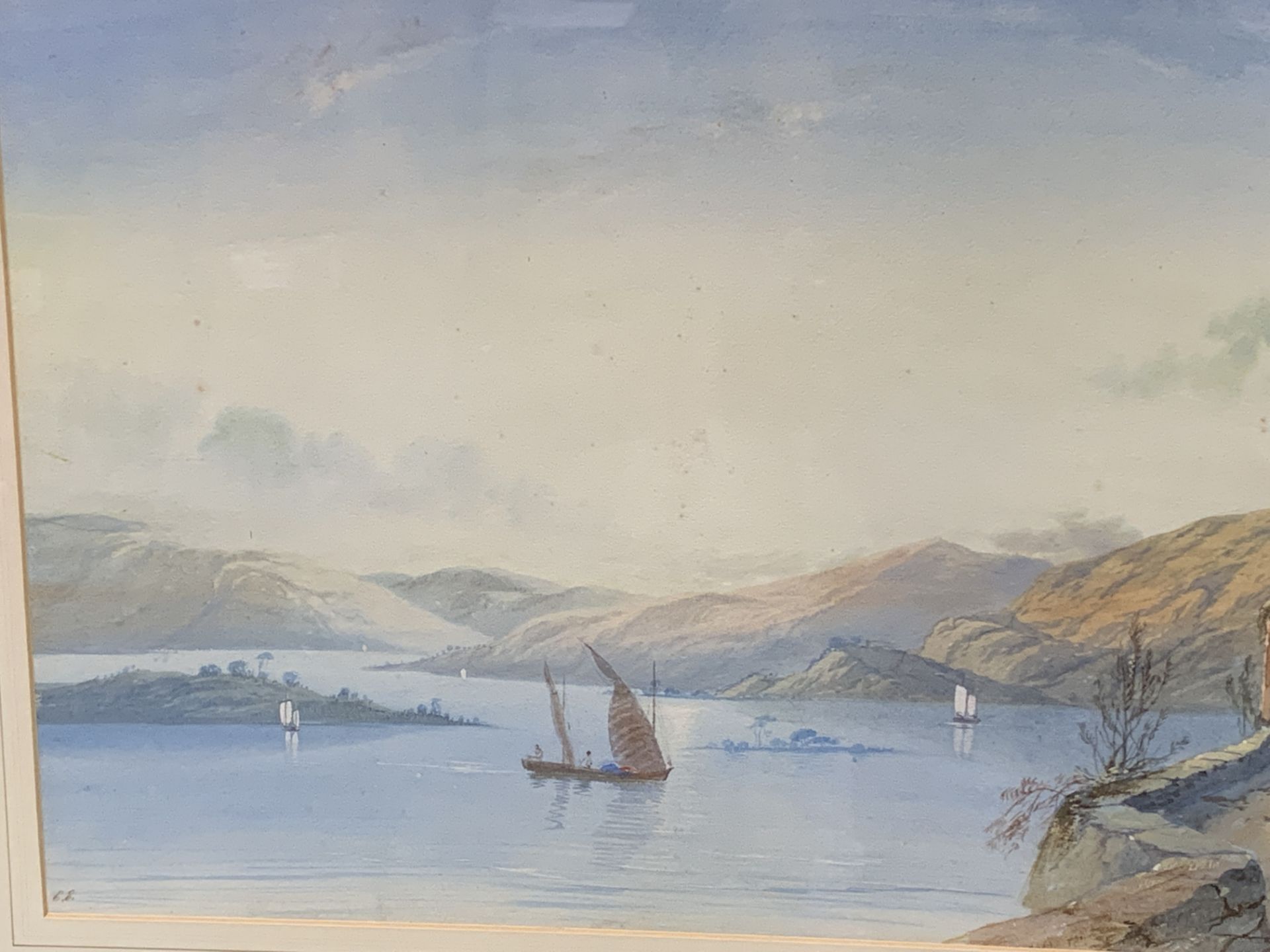 Large gilt framed and glazed watercolour of a lake scene, signed monogram E.E - Bild 2 aus 4