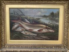 Gilt framed oil on canvas signed Alfred Smith with label on reverse "Fish on a Riverbank"