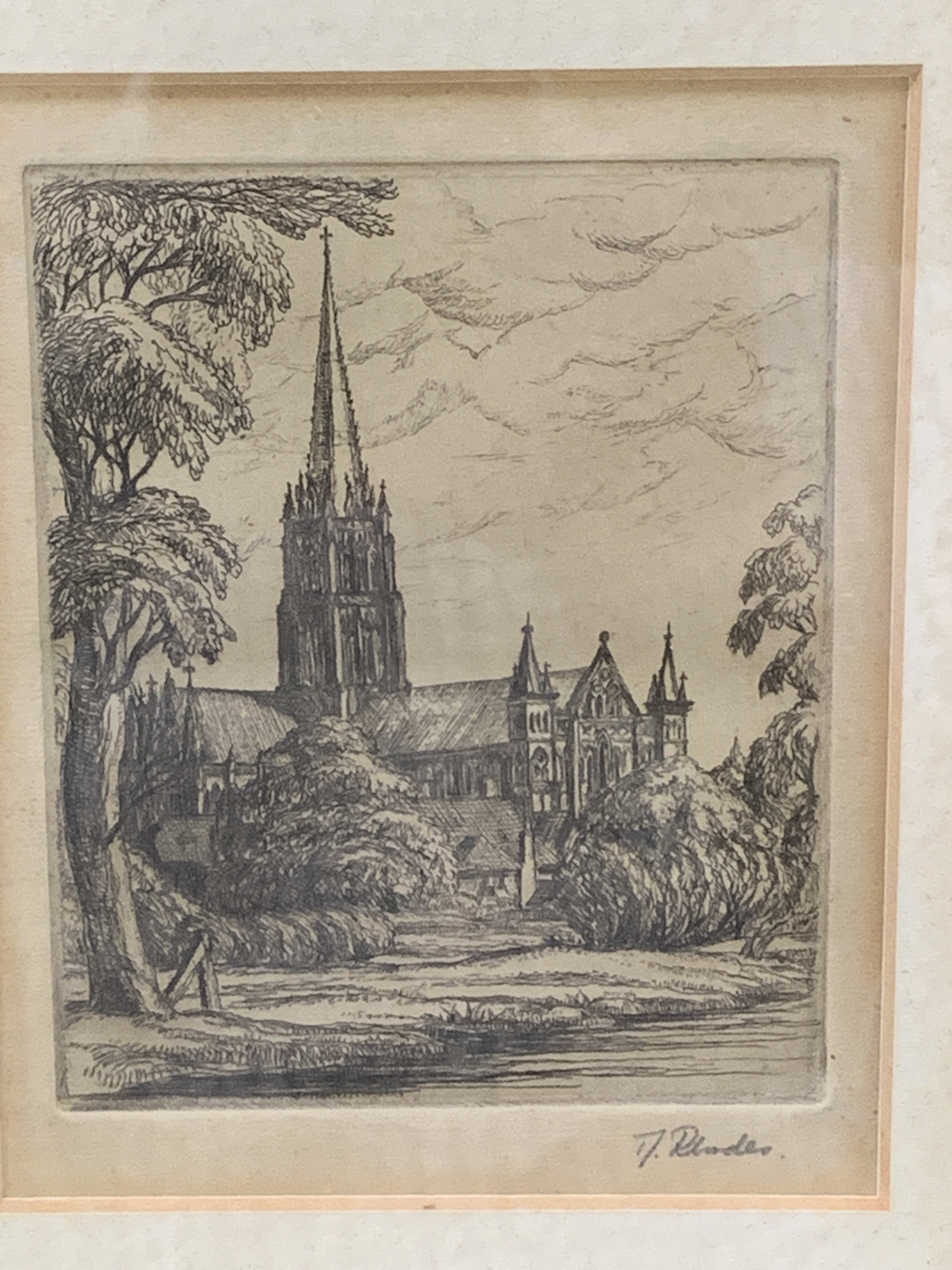 Framed and glazed etching of Salisbury Cathedral, together with a watercolour