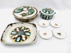 Three pieces of Aldermaston Pottery and 4 Royal Worcester plates