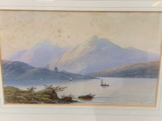 Gilt framed and glazed watercolour of boats on a lake with mountains, (foxed), signed monogram E E