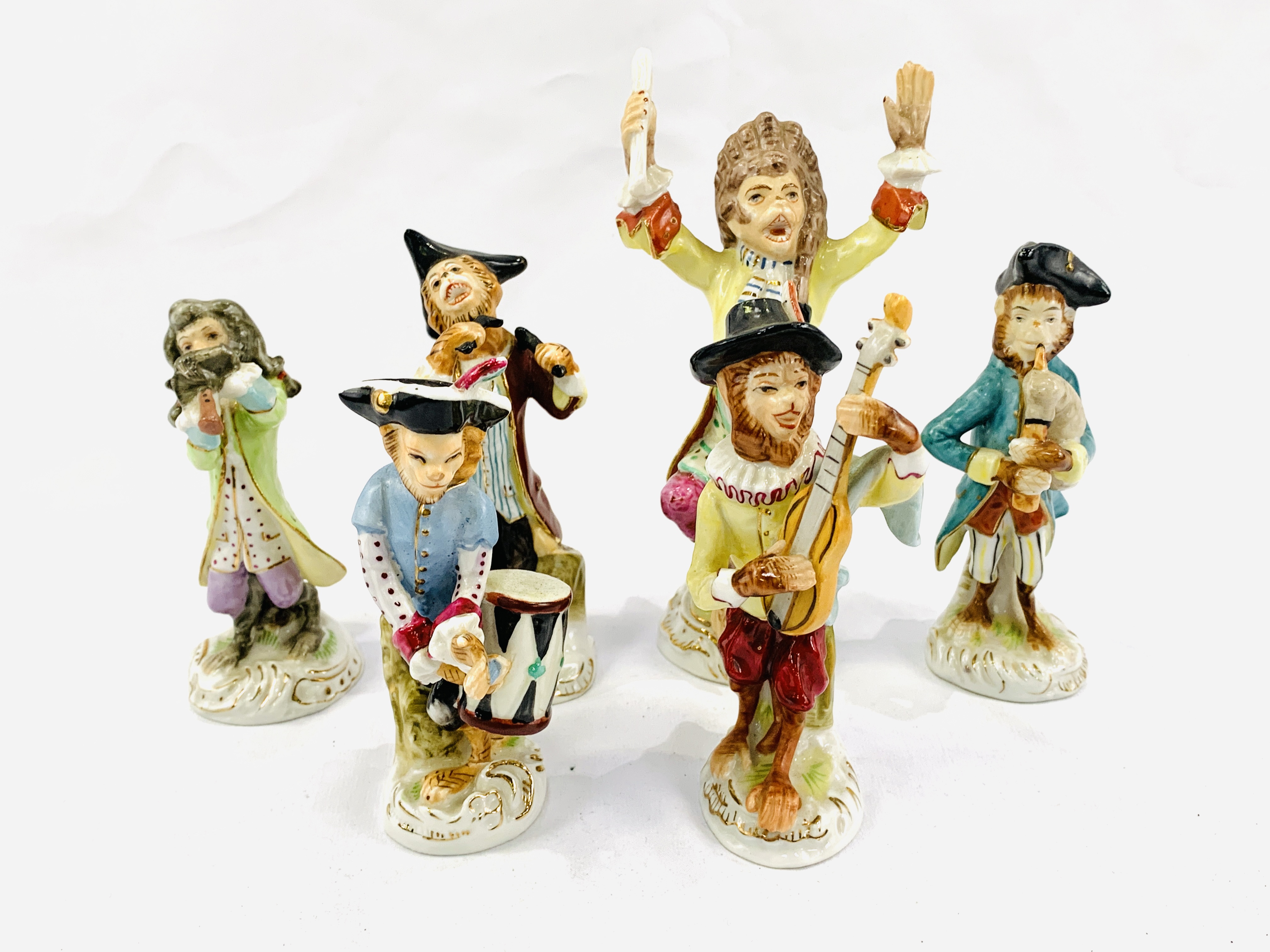 Meissen porcelain monkey band comprising five musicians and conductor