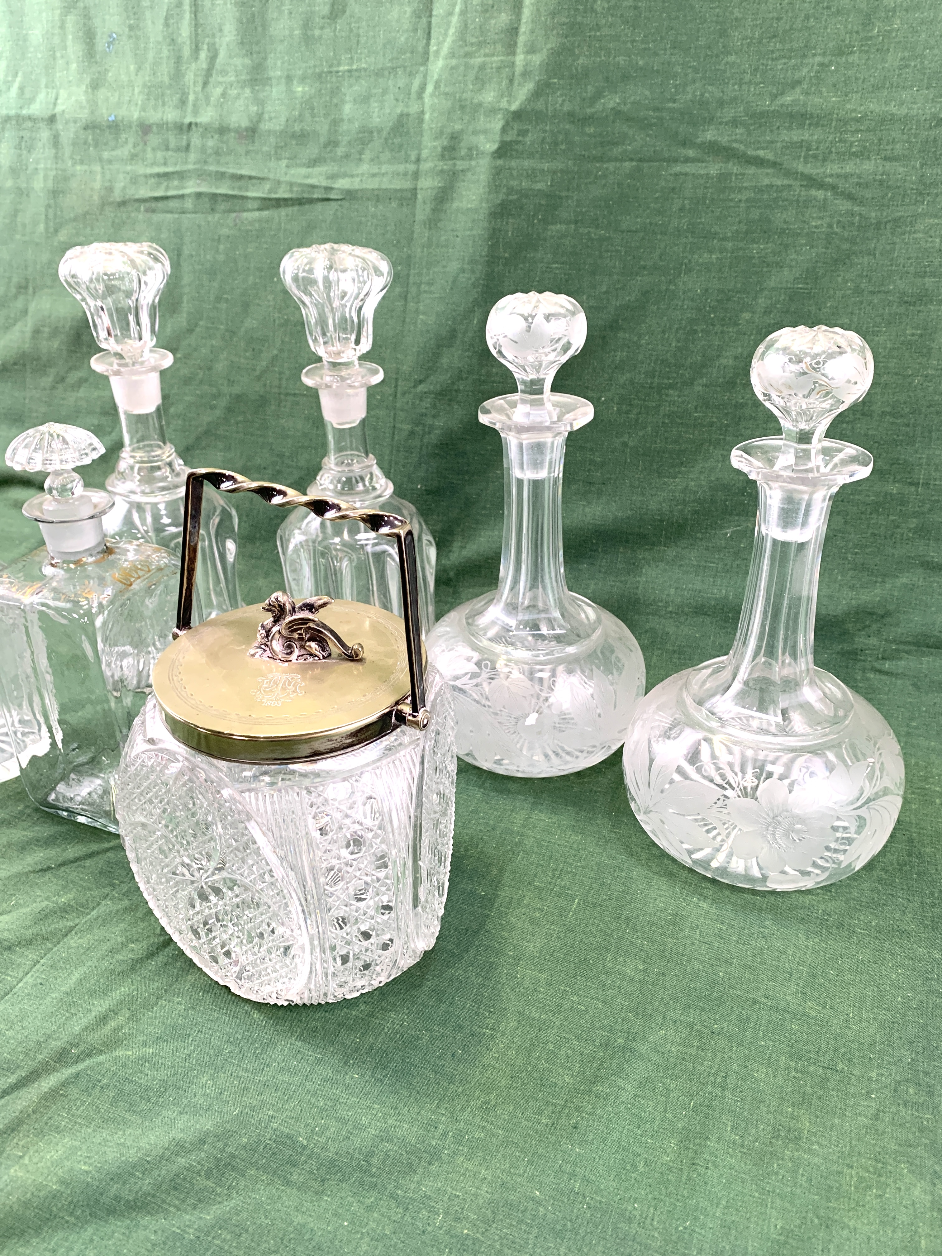 A pair of Victorian decanters, a pair of Edwardian decanters, and a cut glass biscuit barrel - Image 2 of 6