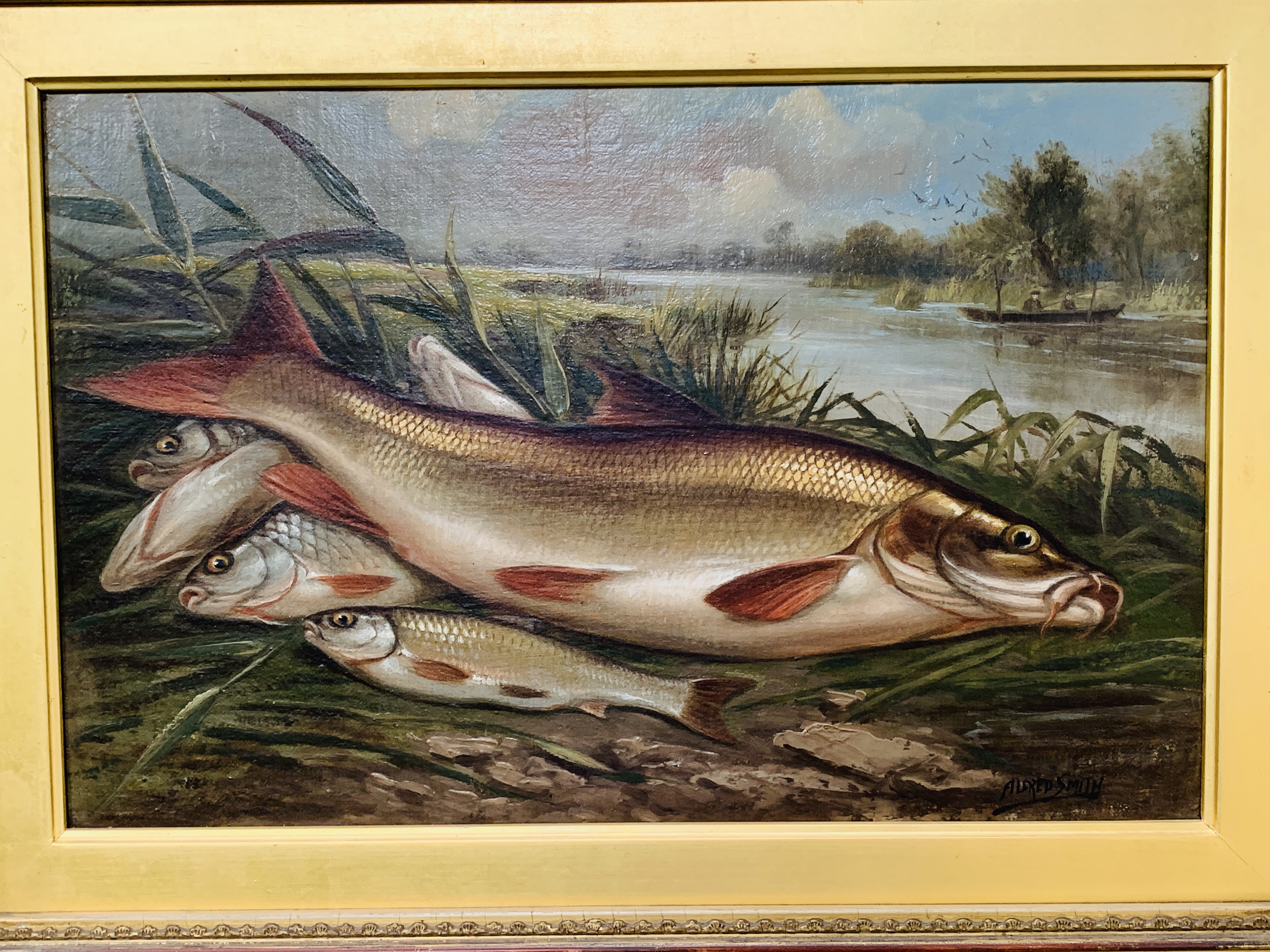 Gilt framed oil on canvas signed Alfred Smith with label on reverse "Fish on a Riverbank" - Image 2 of 4