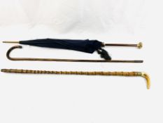 Blue silk parasol with 9ct gold ferrule and gold handle, a walking cane and a bamboo walking stick