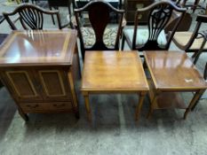 Two yew wood low tables and a mahogany cabinet