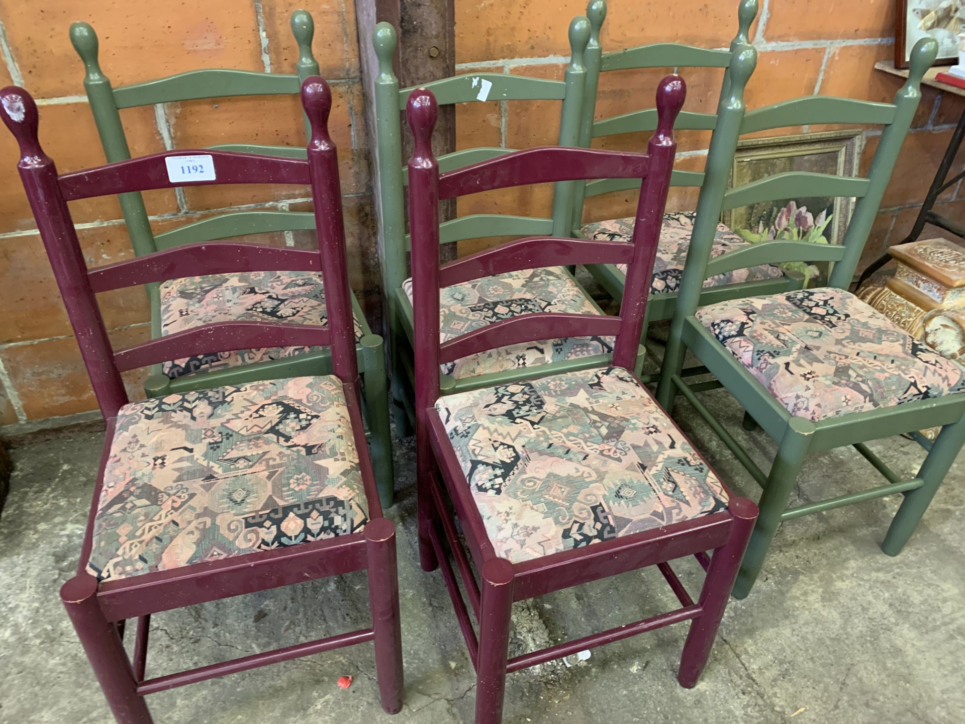 Set of six painted wood framed ladder back chairs