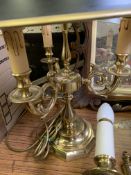 Brass three branch table lamp with shade