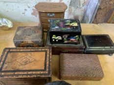 Six various wooden boxes together with a metal spice box