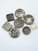 A collection of eight various silver Indian Temple tokens and coins