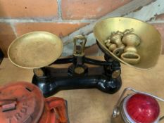 Set of metal and brass kitchen scales, storm lantern, two torches, brooch and four watches