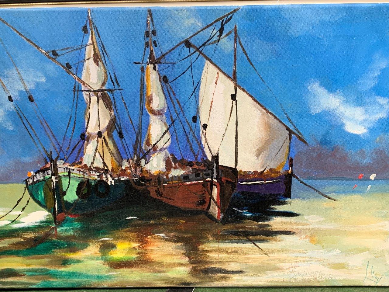 Unframed oil on canvas of sailing boats - Image 3 of 3