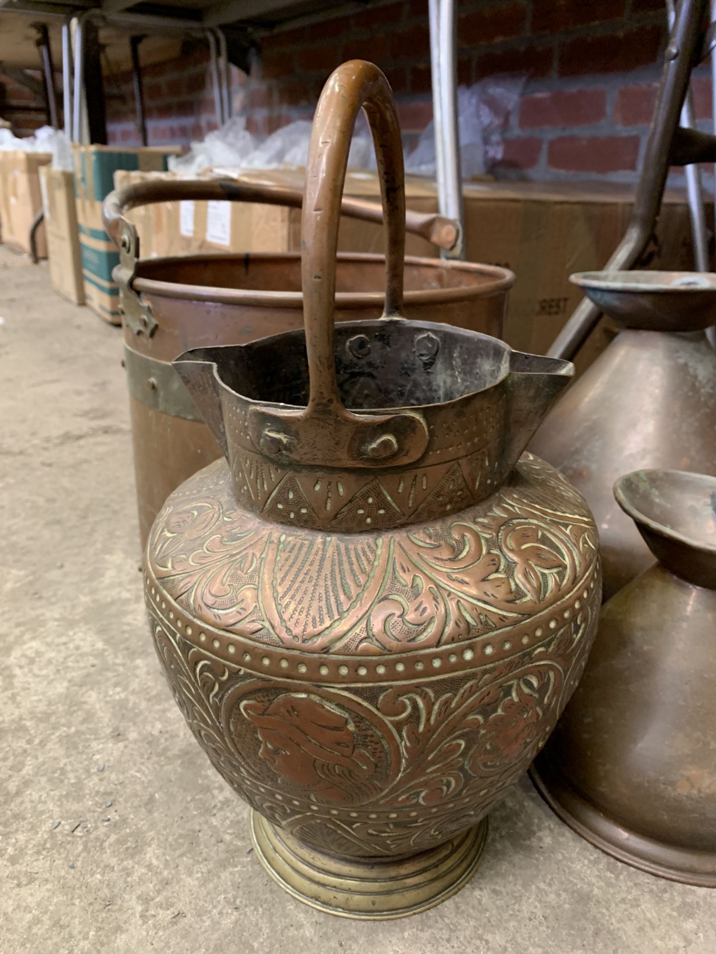 Three graduated copper measures, a brass bound pail and a Middle Eastern flagon - Image 4 of 4