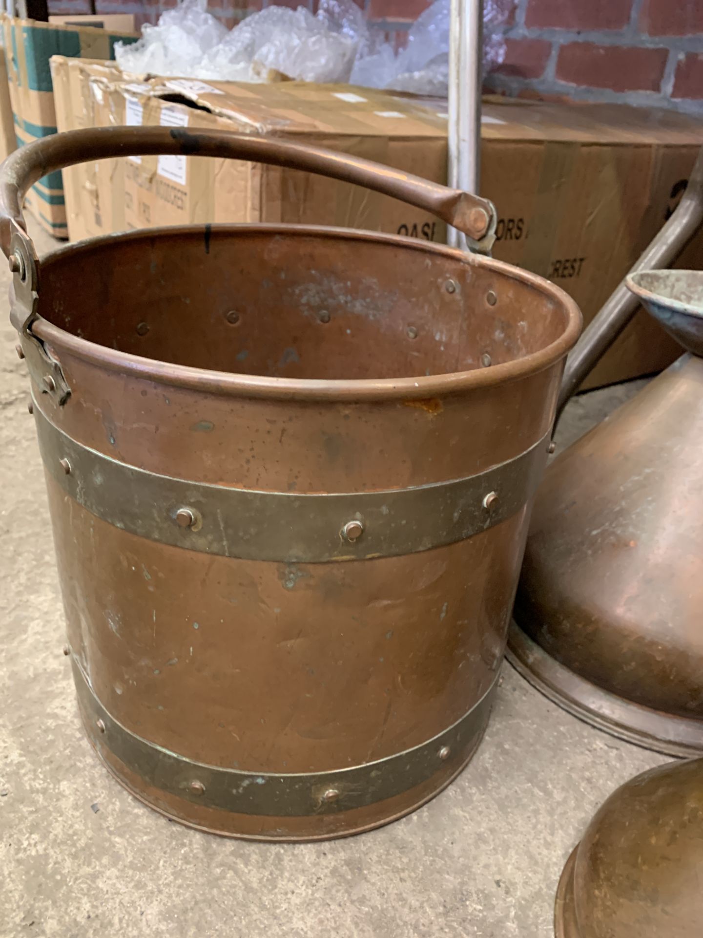 Three graduated copper measures, a brass bound pail and a Middle Eastern flagon - Image 2 of 4