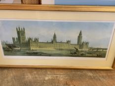 Large framed and glazed coloured print of the New Palace at Westminster