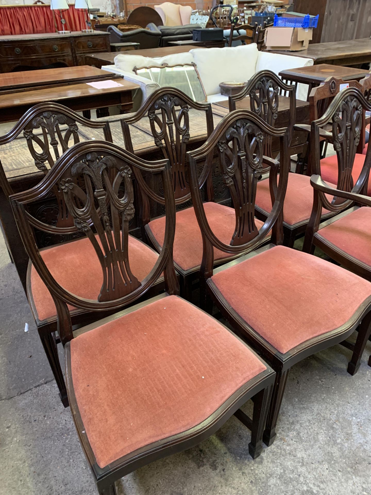 Set of six mahogany framed shield back dining chairs