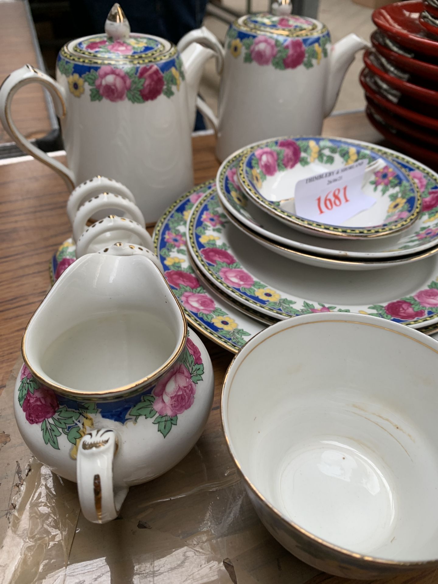 Quantity of glassware; Booth's china part breakfast set and other items including a hunting crop