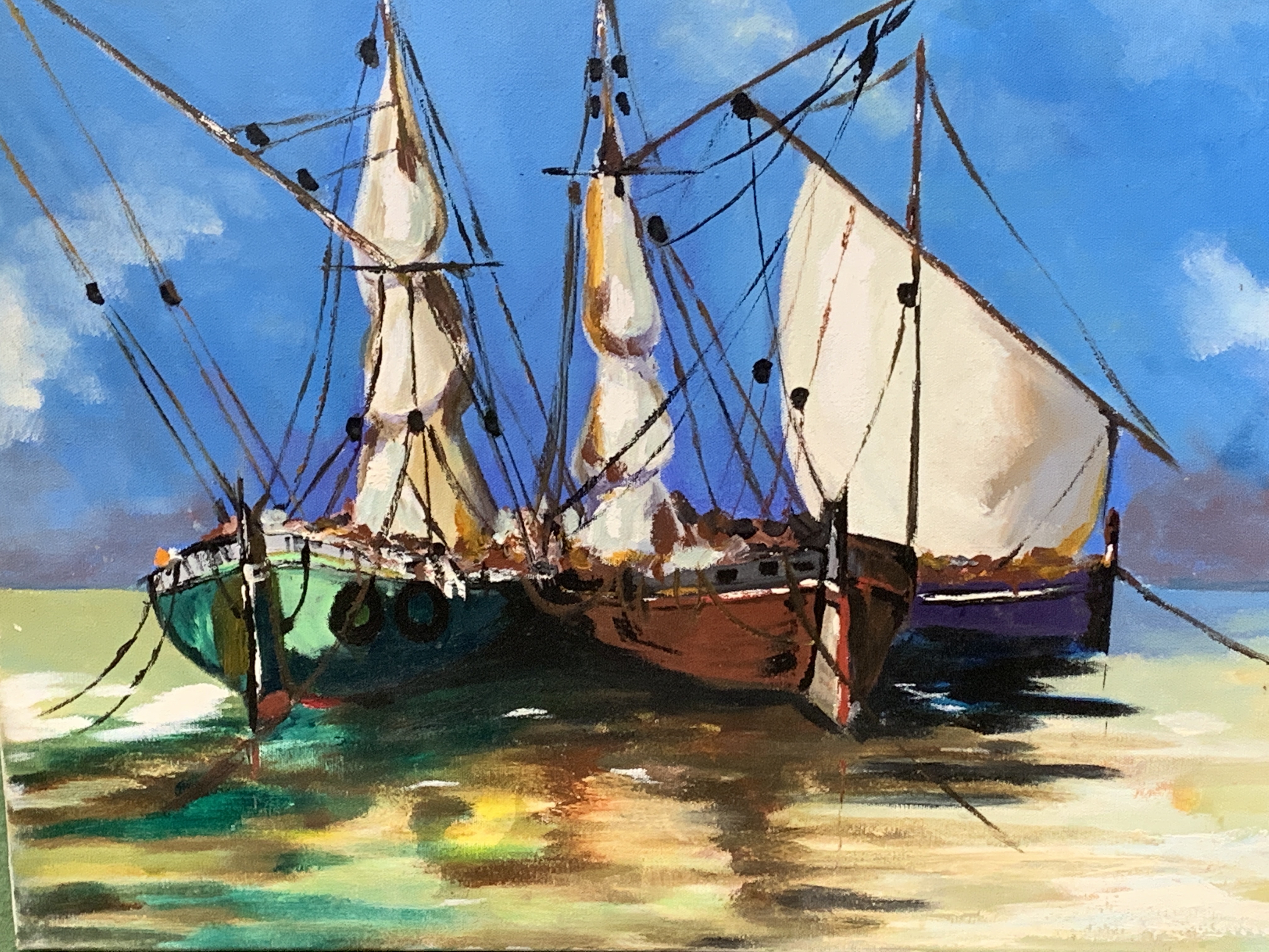Unframed oil on canvas of sailing boats