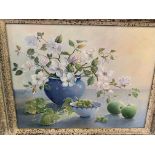Framed and glazed oil on board of still life blossom and fruit signed Tricia Hardwick