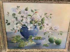Framed and glazed oil on board of still life blossom and fruit signed Tricia Hardwick