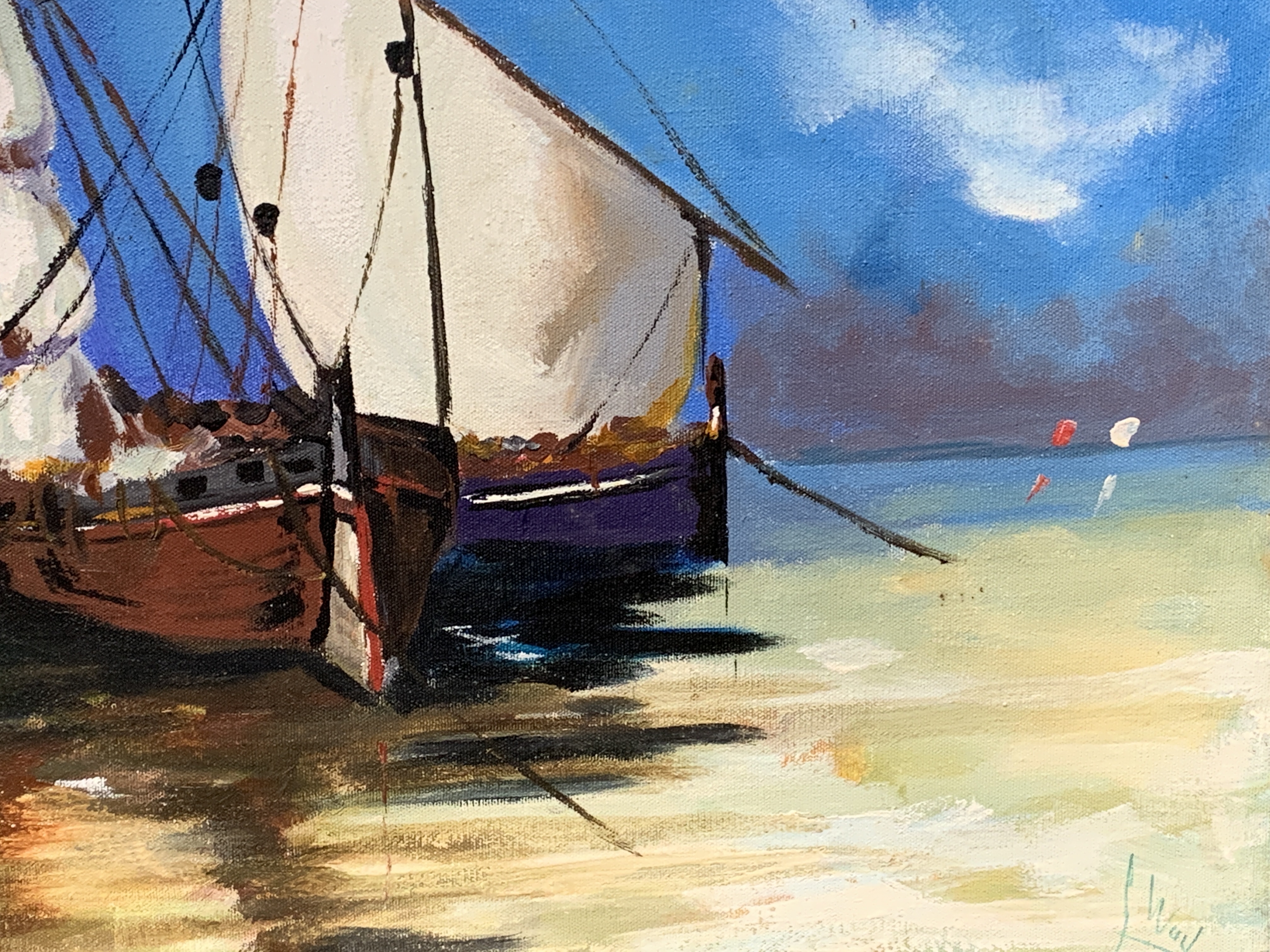 Unframed oil on canvas of sailing boats - Image 2 of 3