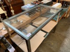 Pair of white metal framed low tables with glass tops