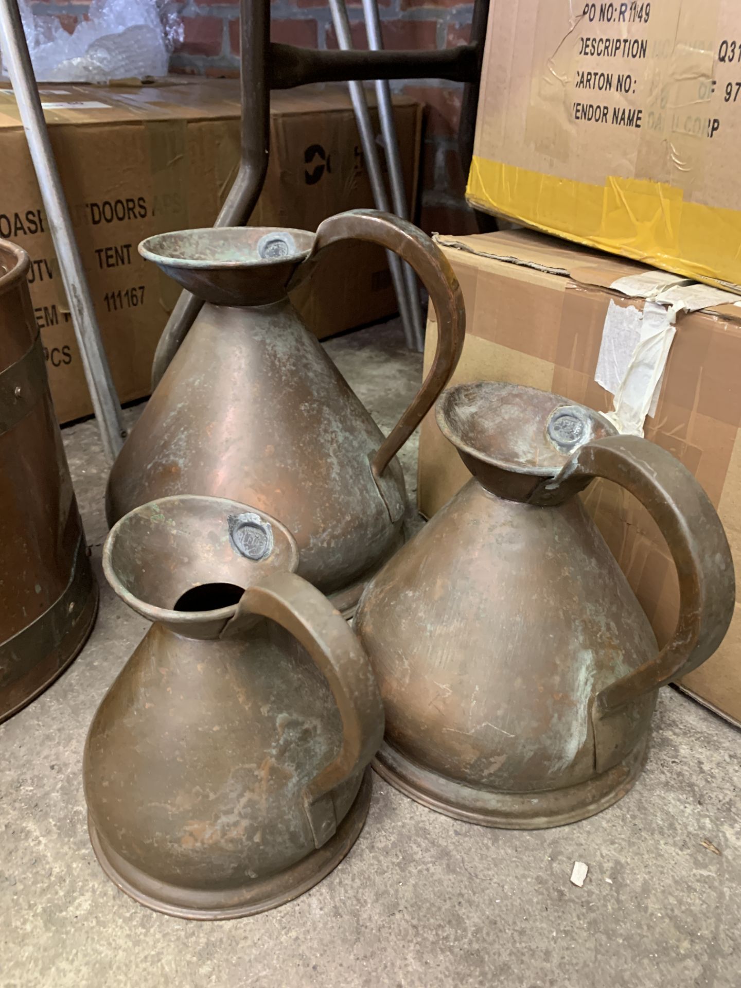 Three graduated copper measures, a brass bound pail and a Middle Eastern flagon - Image 3 of 4