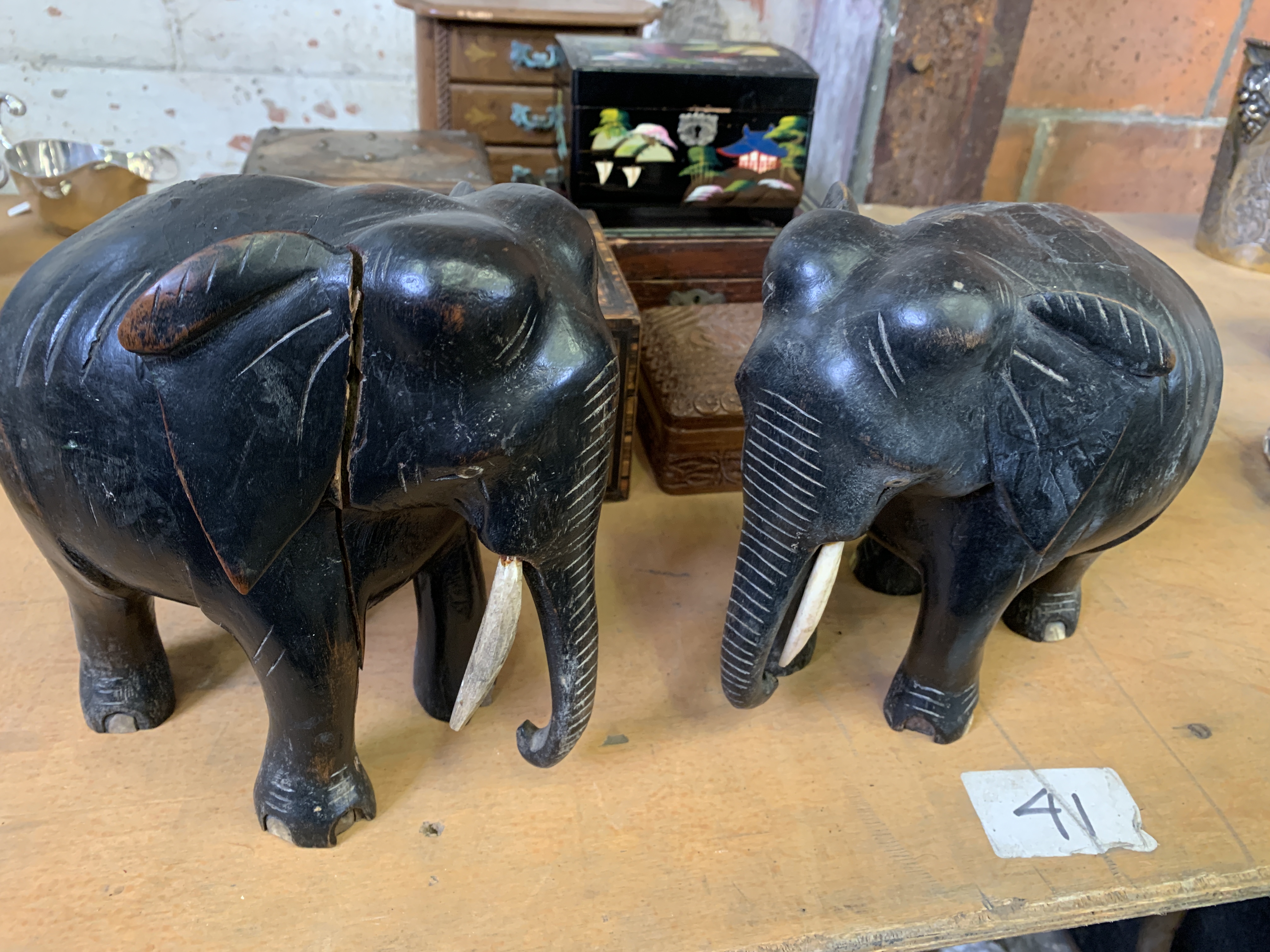 Pair of carved wood Indian elephants