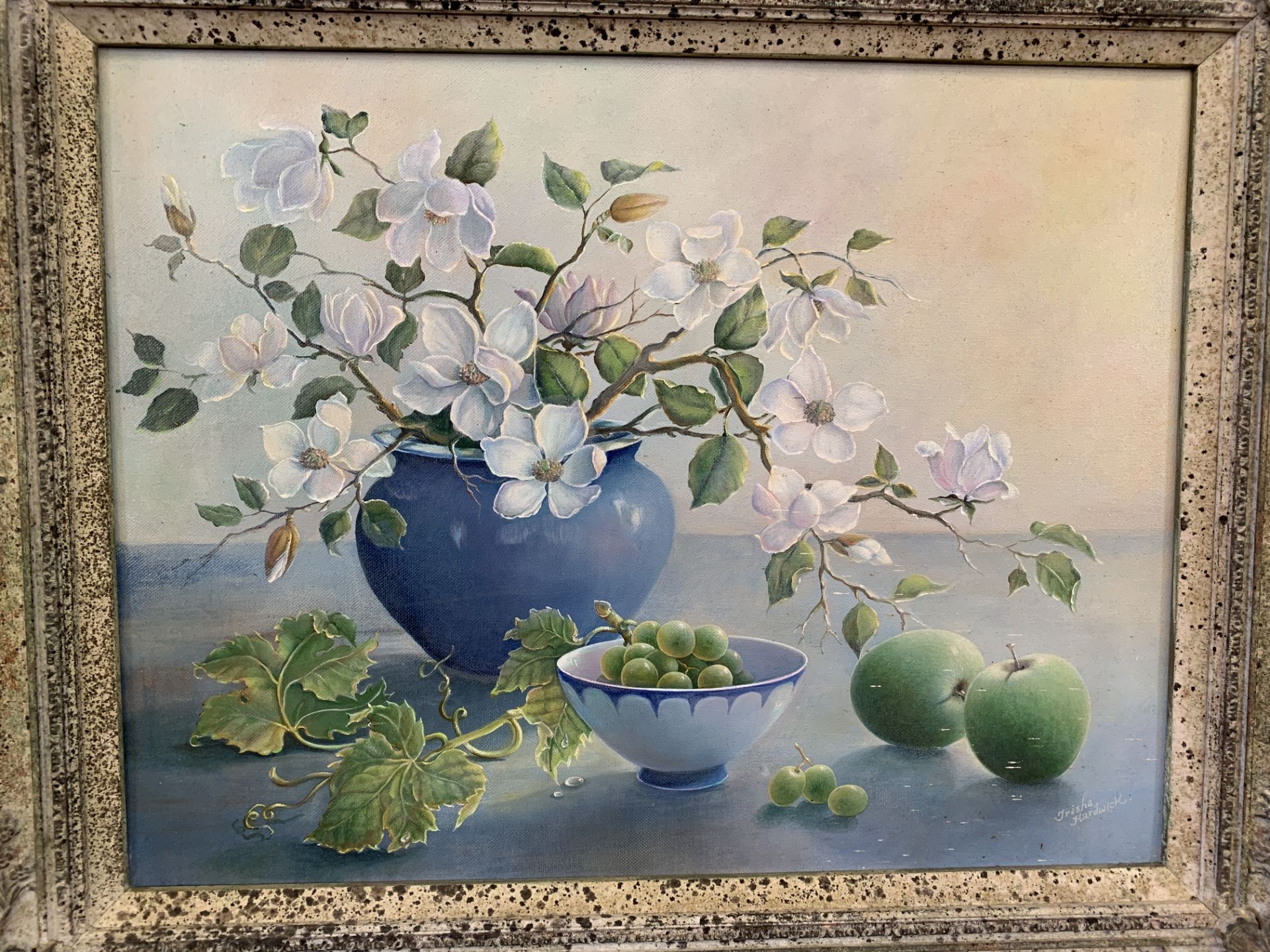 Framed and glazed oil on board of still life blossom and fruit signed Tricia Hardwick - Image 2 of 3