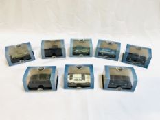 Eight Oxford diecast scale 1:76 model cars, and a Mercedes Benz Mbig 2002