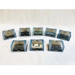 Eight Oxford diecast scale 1:76 model cars, and a Mercedes Benz Mbig 2002