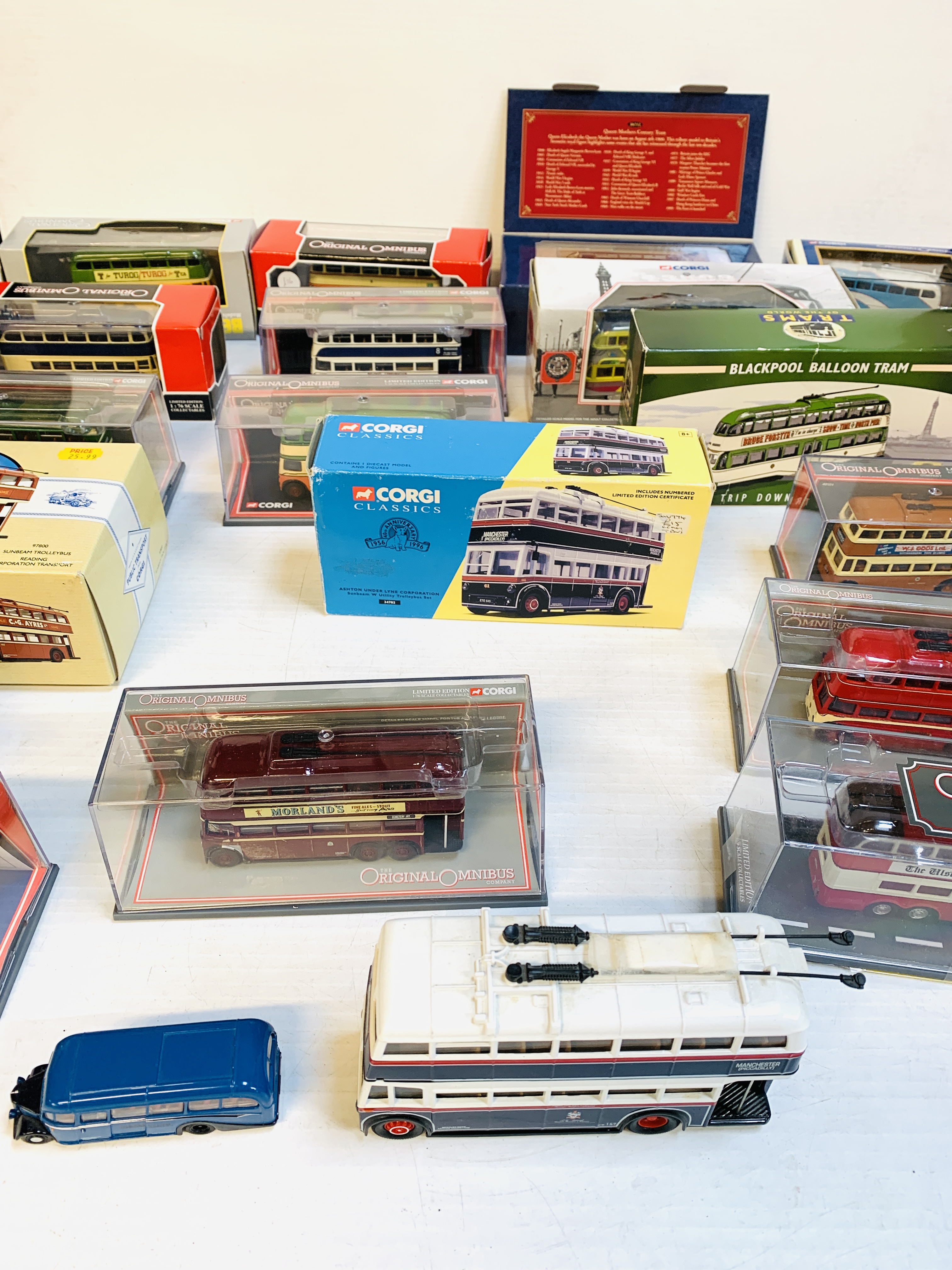 Collection of diecast model coaches, buses and trolley buses
