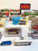 Collection of diecast model coaches, buses and trolley buses