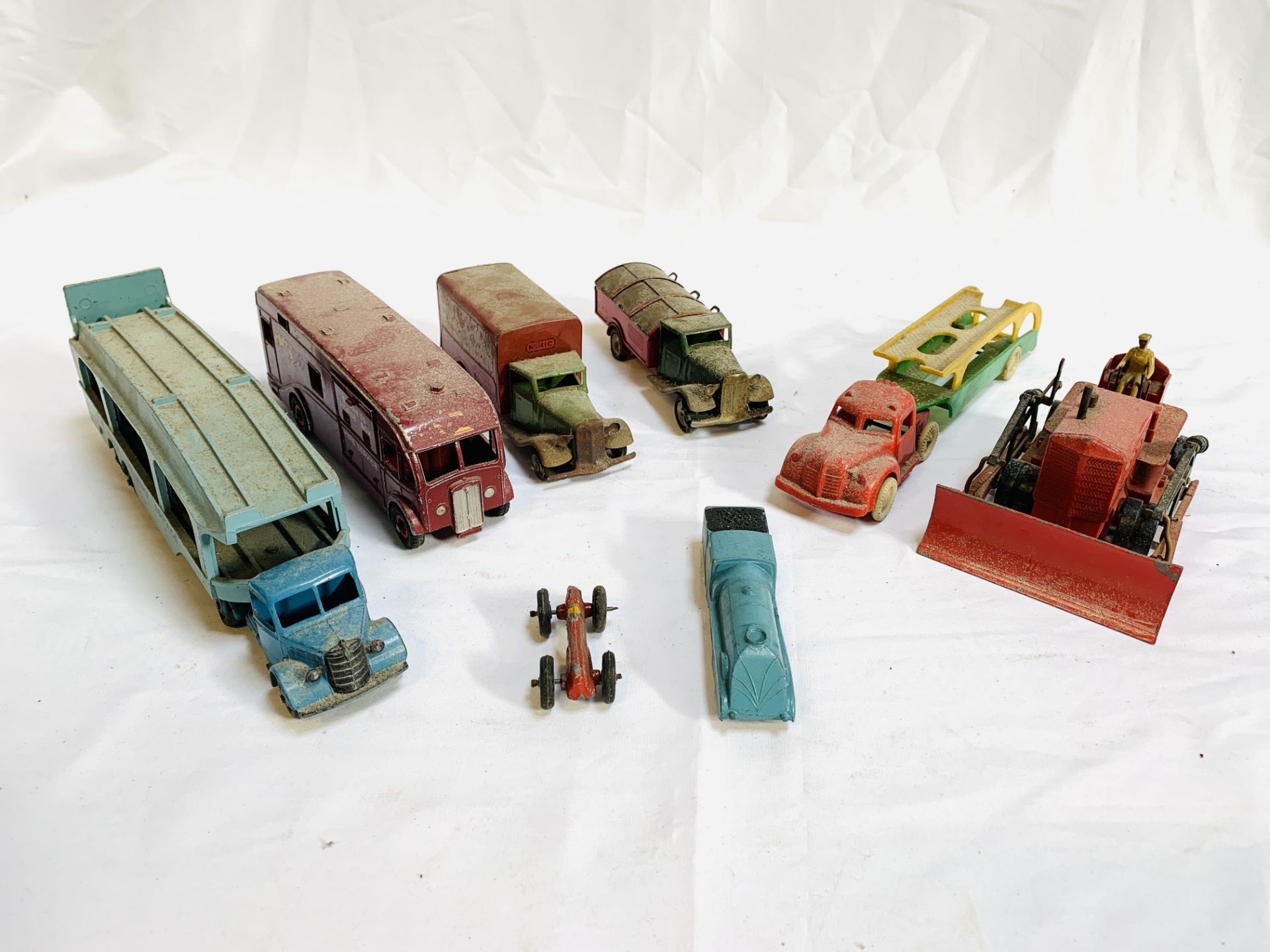 Collection of Dinky toys model vehicles, two Triang lorries and a Prescent diecast locomotive