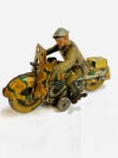 Tinplate clockwork military motorcyclist.