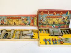 Two boxed Crescent Toys 'The Crescent Fortress', tin plate, one with 6 figures, both boxed