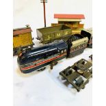 Tinplate O gauge Brimtoy 6220 locomotive, tender and carriage; 3 wagons and 4-wheel chassis