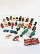 Collection of 19 Dinky model cars and lorries; with a tractor; diesel roller; disc harrow; field gun