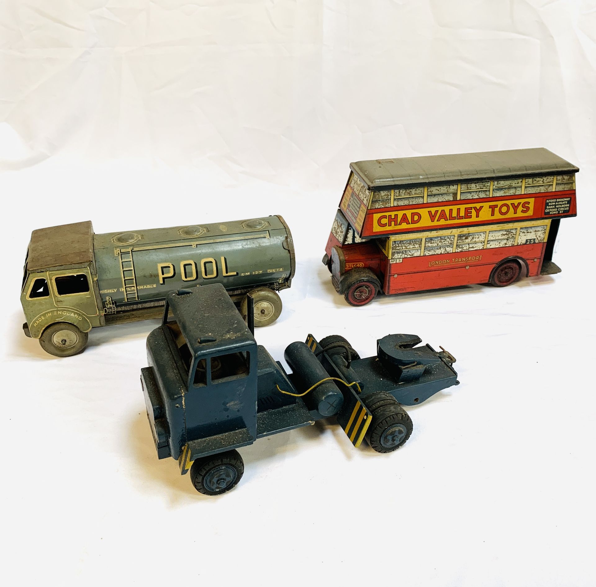 Chad Valley toys tin plate model London Transport bus; tinplate clockwork model tanker