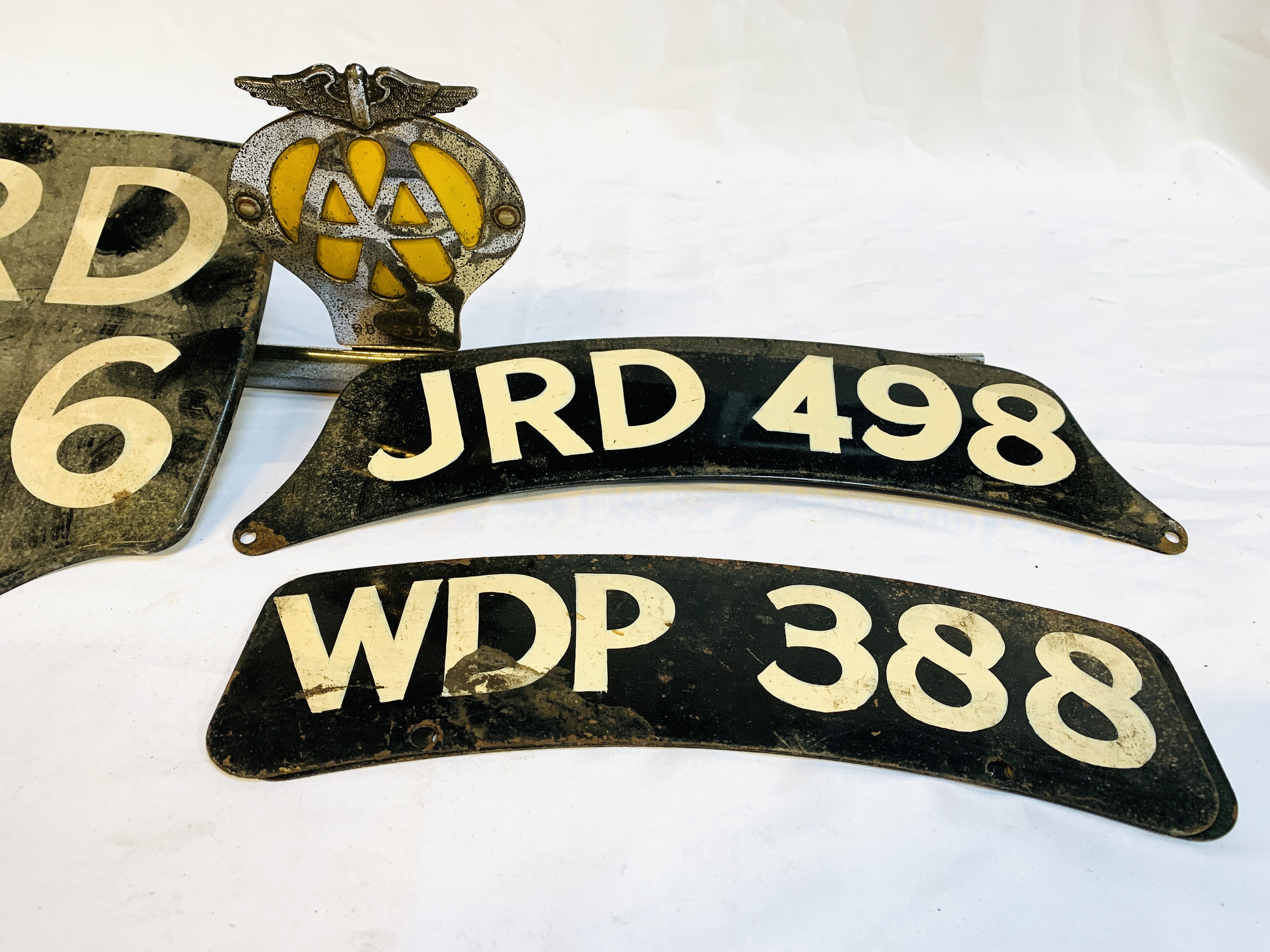 AA badge no. 6B58370; motorcycle rear number plate; and two motorcycle front number plates. - Image 2 of 3