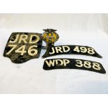 AA badge no. 6B58370; motorcycle rear number plate; and two motorcycle front number plates.