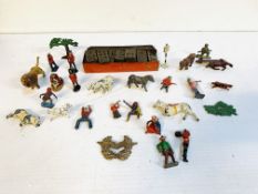 Tin of Franklyn's Cutty Shag tin dominoes; and a collection of tin figures and animals.