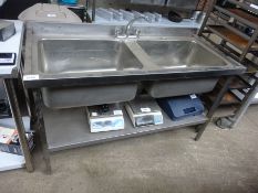 Double bowl sink with under shelf