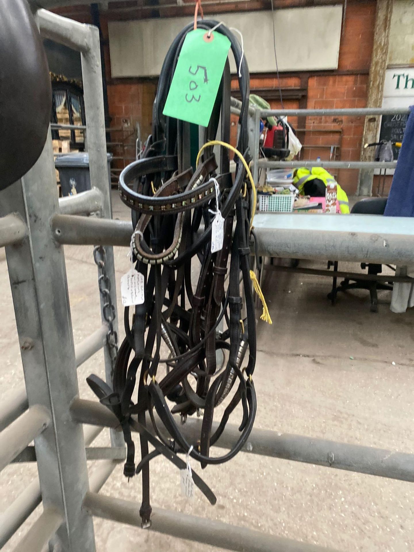 Three bridles with no bits or reins, and a drop noseband.