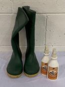 Green Wellington boots, size 7; and Red Rum hat and boot spray 250ml x 2.