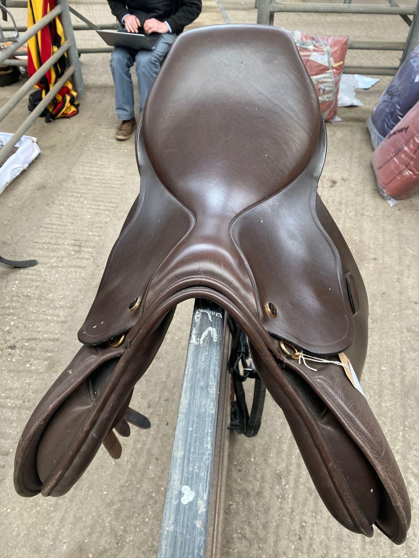 Brown leather saddle by Derby Horse, 17.5". This item carries VAT.