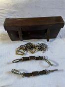 Leather rifle tripod case, an ideal spares box incl. various buckles and 4 roger rings.